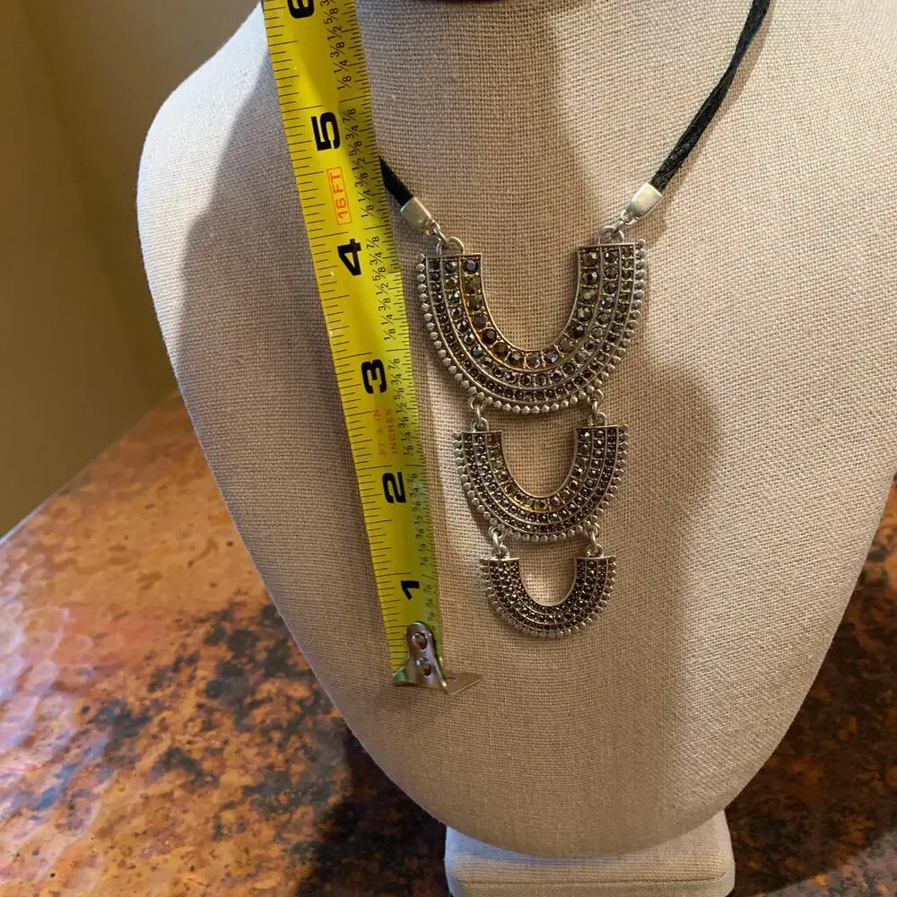 NWT Lucky Brand Pave Leather Arch Silver Boho Pendant Necklace